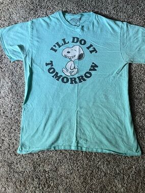 Snoopy Peanuts I’ll Do It Tomorrow Graphic T-Shirt Men’s Aqua Graphic Tee Medium